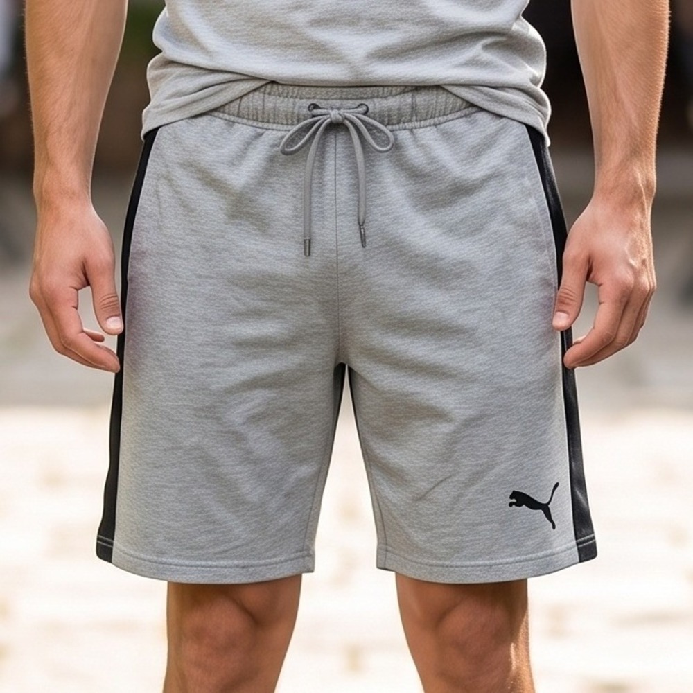 Puma Mens Athletic Shorts Heather Grey Black Mesh Side Stripe Drawstring Waist
